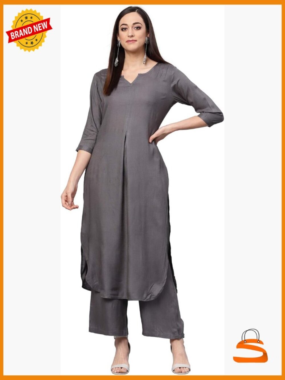 Kurta Palazzo Set, Rayon Straight Kurta with Pants, 3/4 Sleeve, Regular Fit